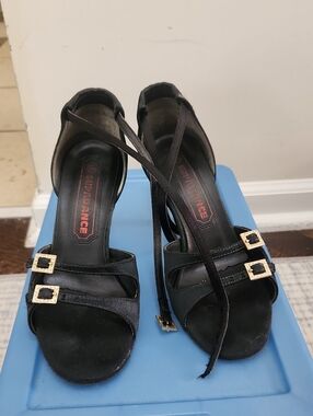 Black Strappy Women's Ballroom Sandals with Gold Buckles